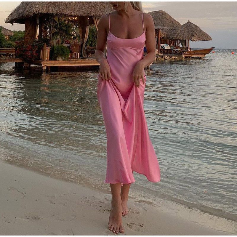 Dames Sexy Roze Maxi Jurk met Hoge Taille en Open rug