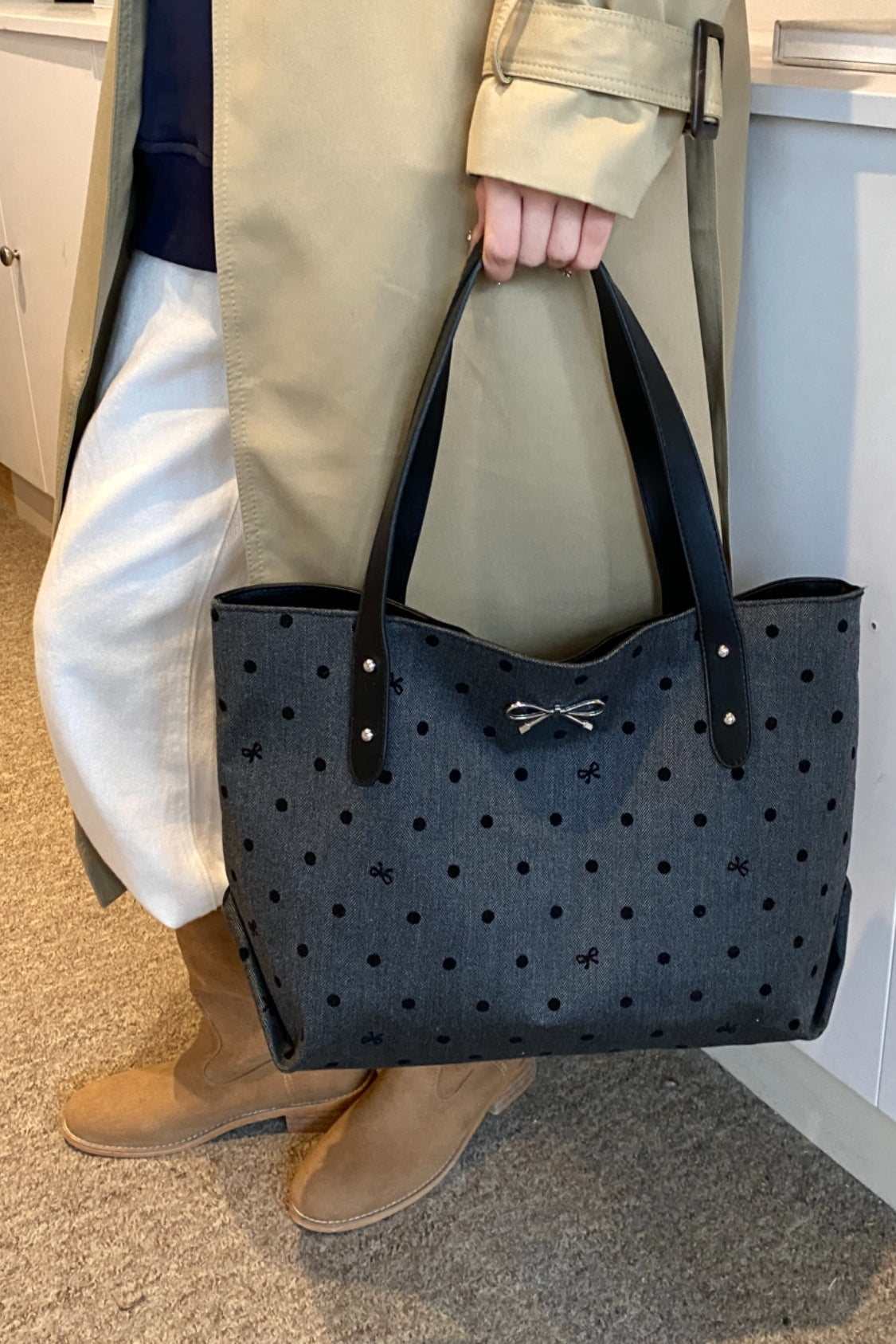 Polyester Strik Polka Dot Tote Bag