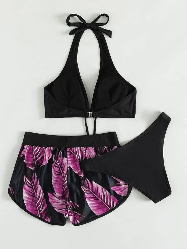 3‑delige Bloemenprint Bikini Set met Shorts – Zomer Strandmode voor Dames