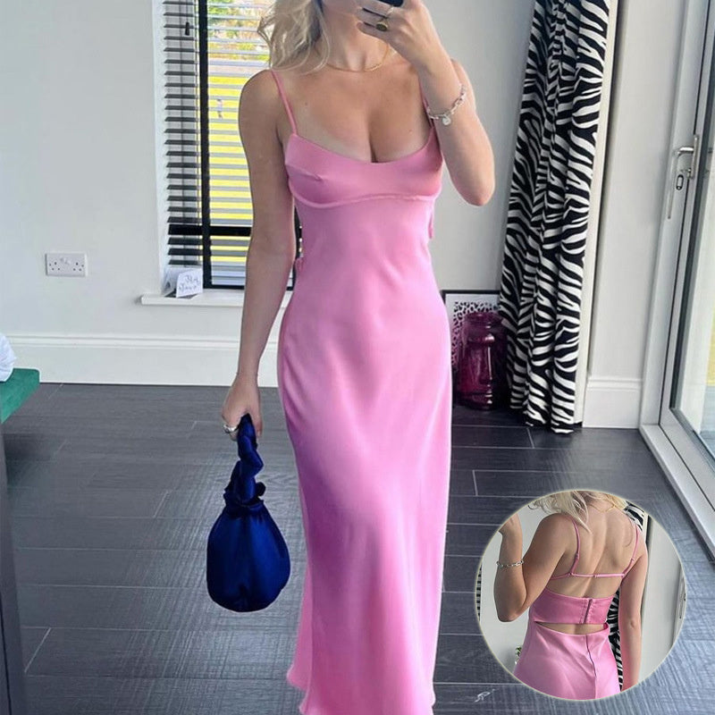 Dames Sexy Roze Maxi Jurk met Hoge Taille en Open rug