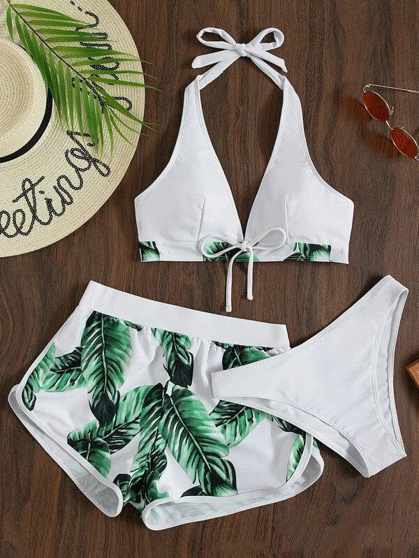 3‑delige Bloemenprint Bikini Set met Shorts – Zomer Strandmode voor Dames