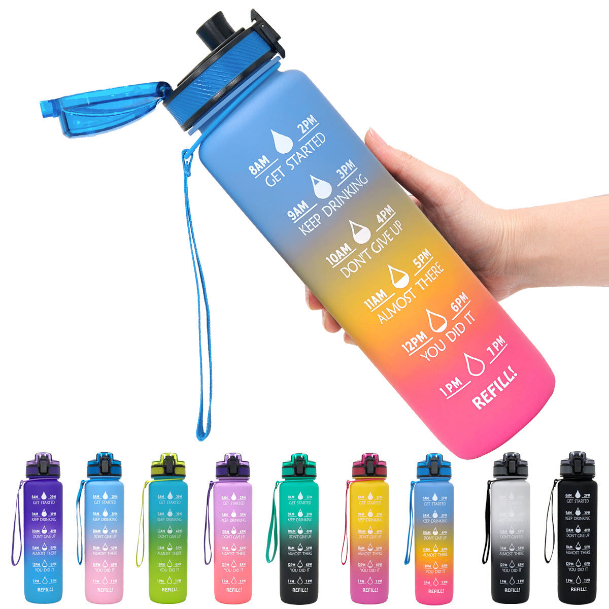 1L Tritan Waterfles – Motiverende Fles met Tijdmarkering & Bounce Deksel