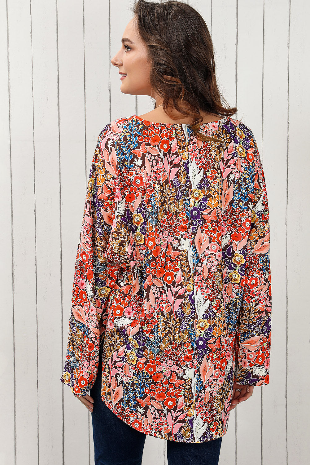 Blouse met lange mouwen en V-hals en bloemenmotief