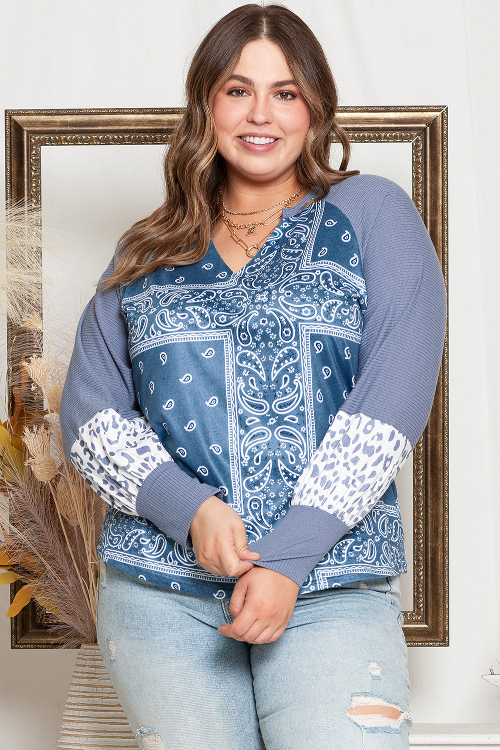 Plus Size V-hals Bedrukte Raglanmouwen Blouse