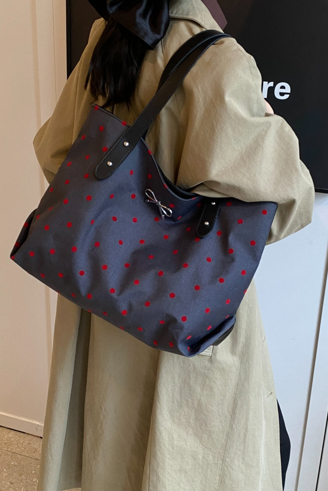 Polyester Strik Polka Dot Tote Bag