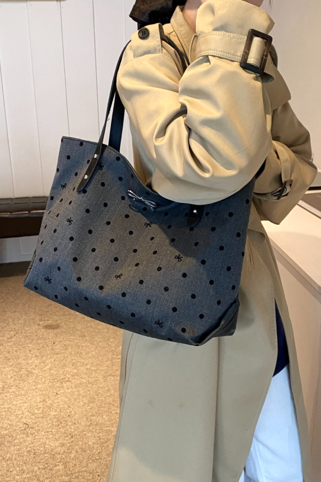 Polyester Strik Polka Dot Tote Bag