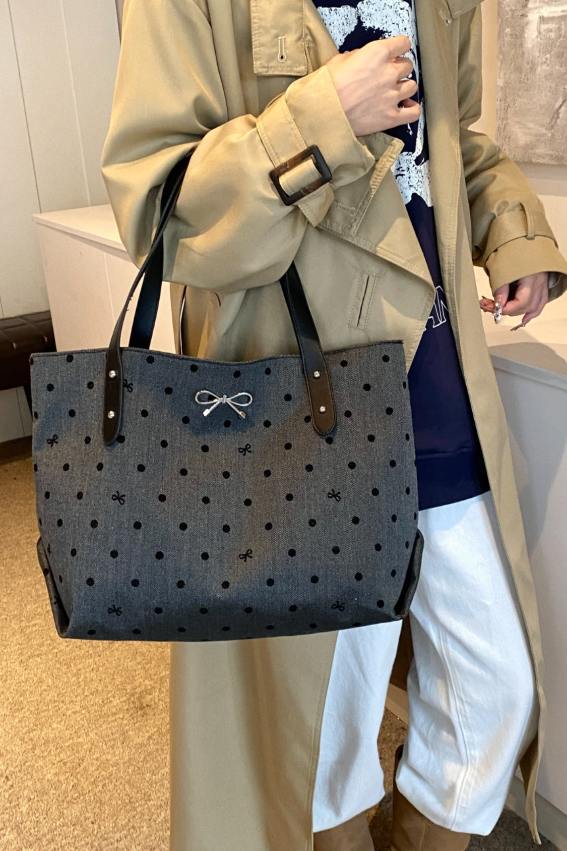 Polyester Strik Polka Dot Tote Bag