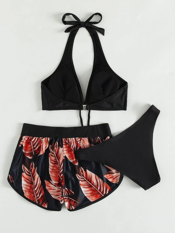 3‑delige Bloemenprint Bikini Set met Shorts – Zomer Strandmode voor Dames