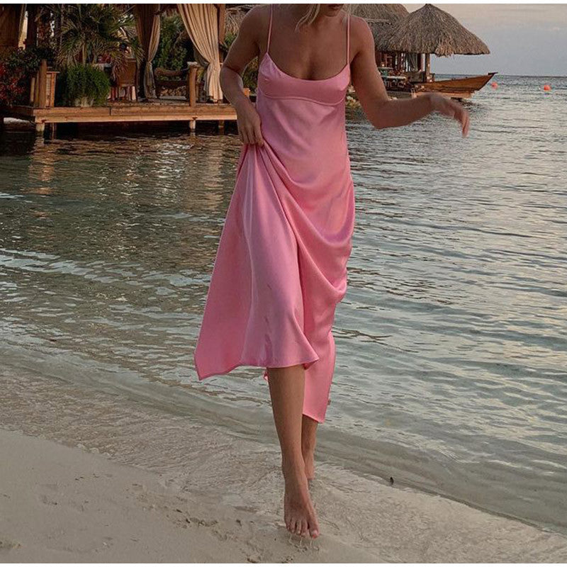 Dames Sexy Roze Maxi Jurk met Hoge Taille en Open rug