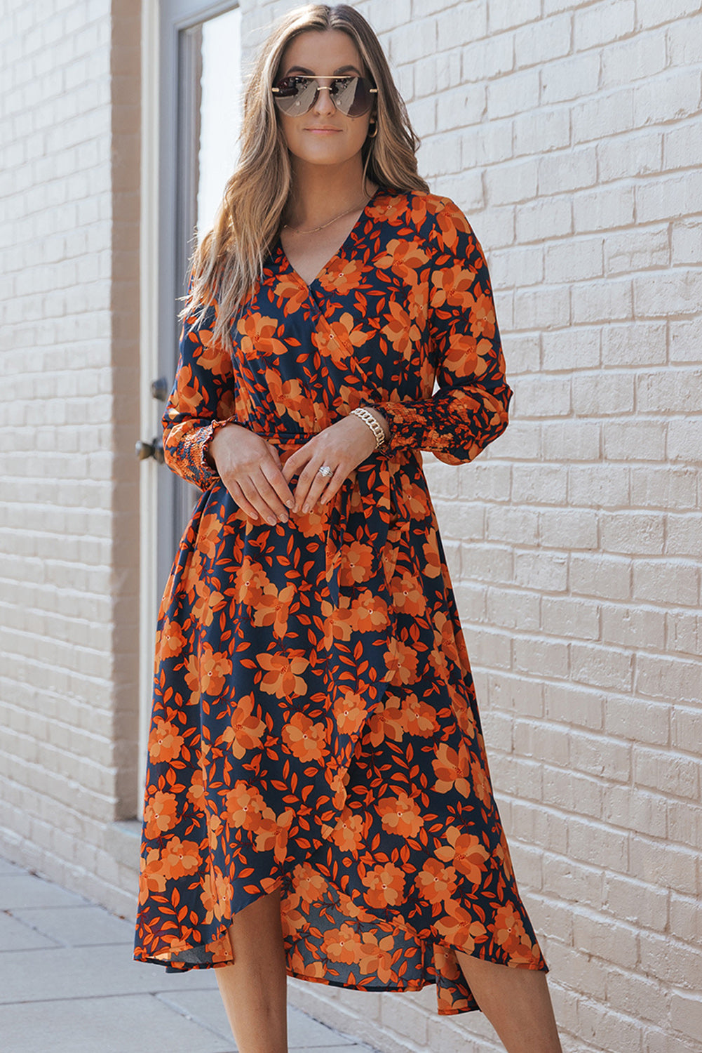 Printed Tie Front Smocked Long Sleeve Dress