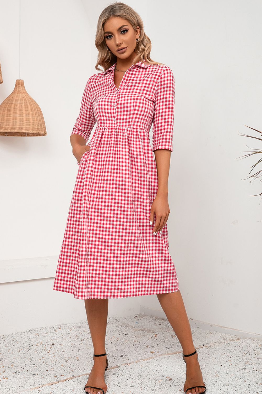 Ivy Lane Plaid Collared Neck Midi Dress