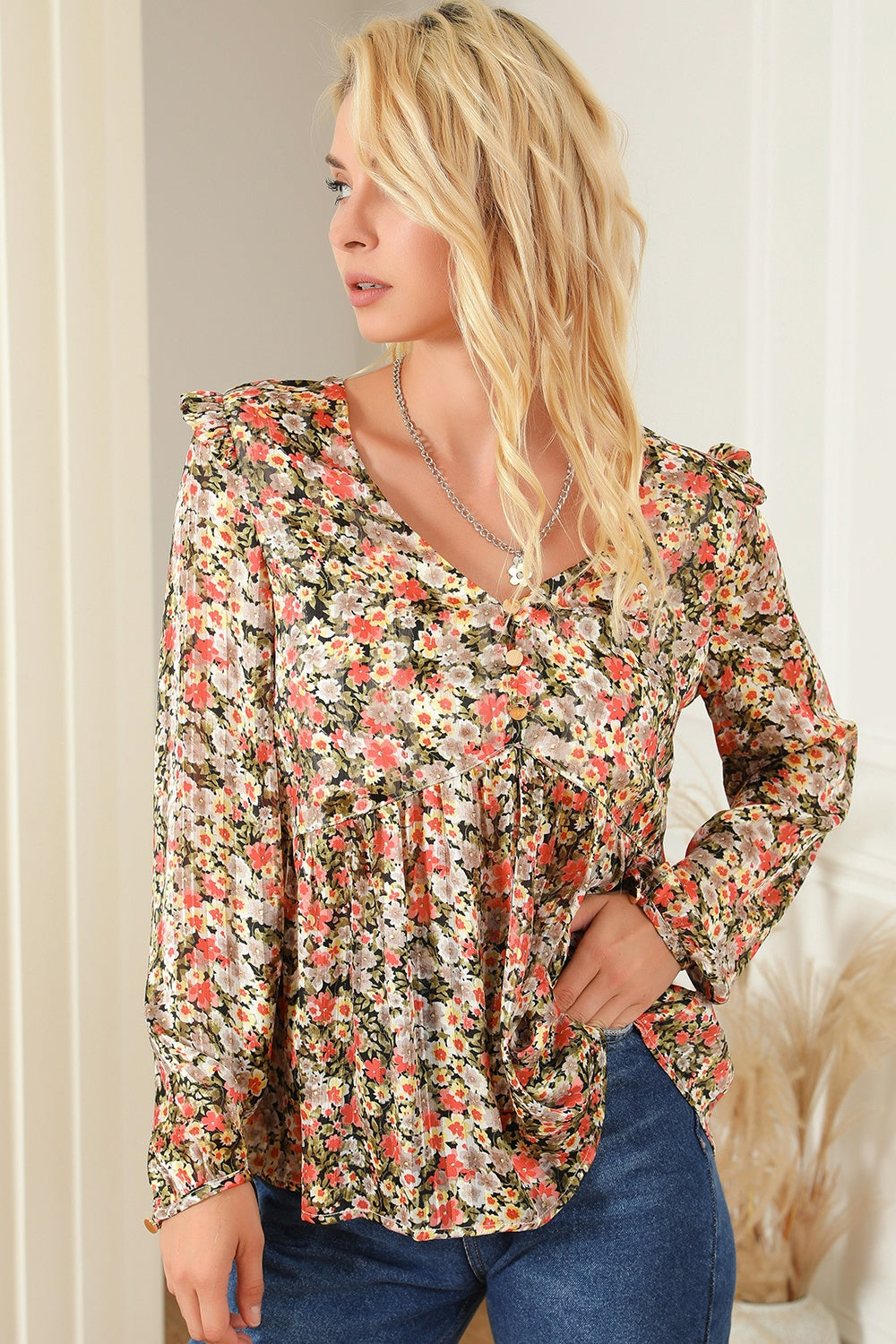 Babydollblouse met bloemen V-hals