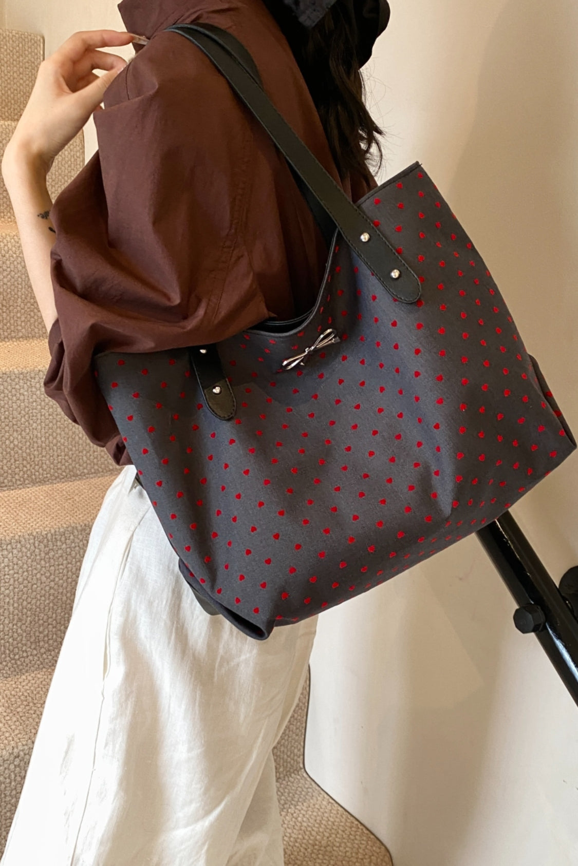 Polyester Strik Polka Dot Tote Bag