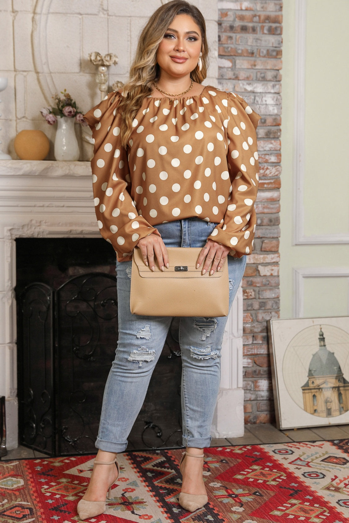 Plus Size Blouse met Lange Mouwen en Polka Dots