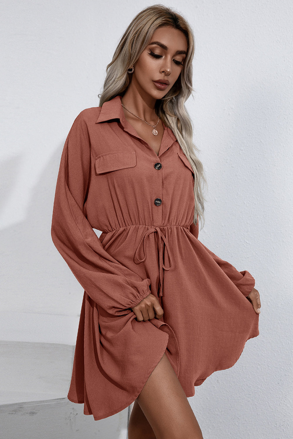 Ivy Lane Collared Tie Waist Button Up Shirt Dress