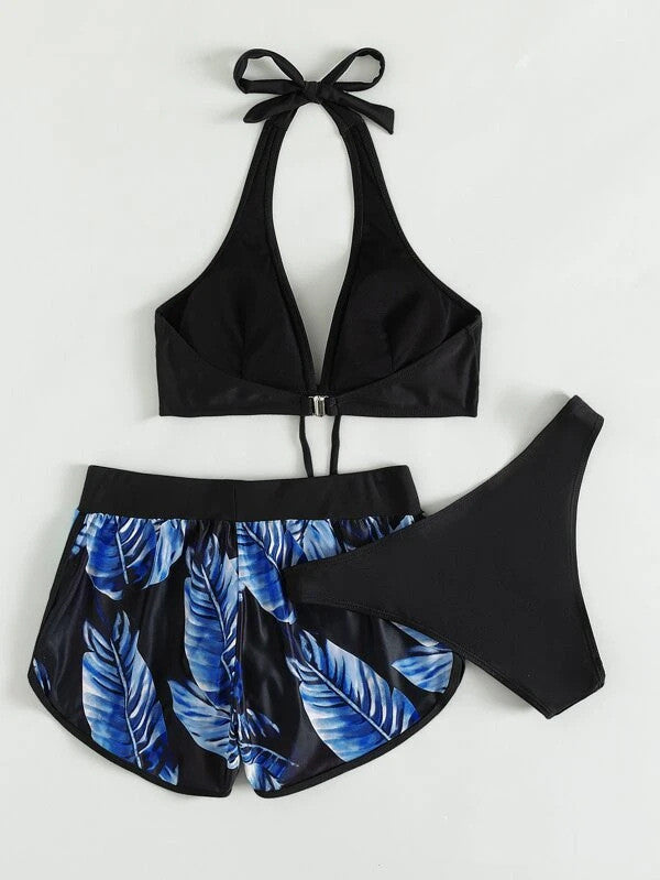 3‑delige Bloemenprint Bikini Set met Shorts – Zomer Strandmode voor Dames