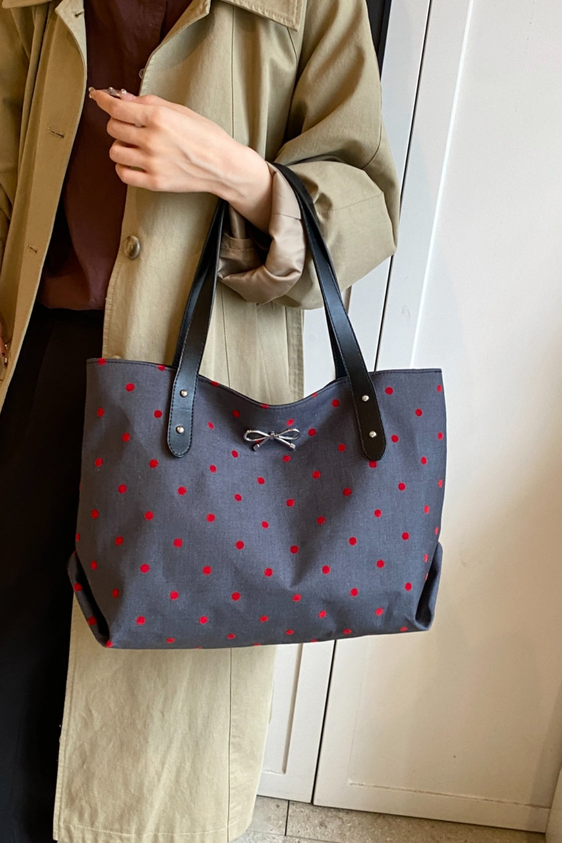 Polyester Strik Polka Dot Tote Bag