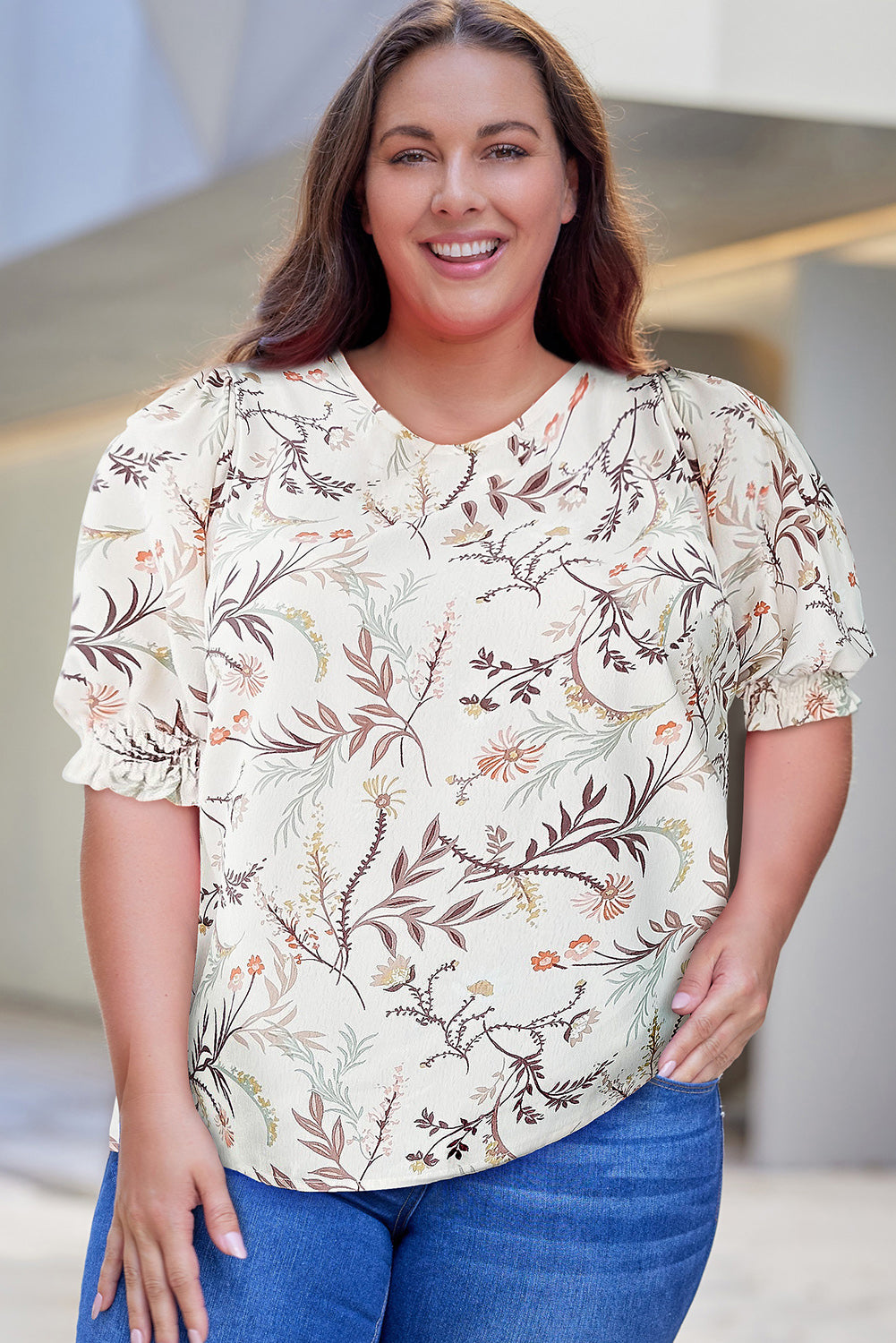 Plus Size Top mit Fuffärmeln und Blumenmuster