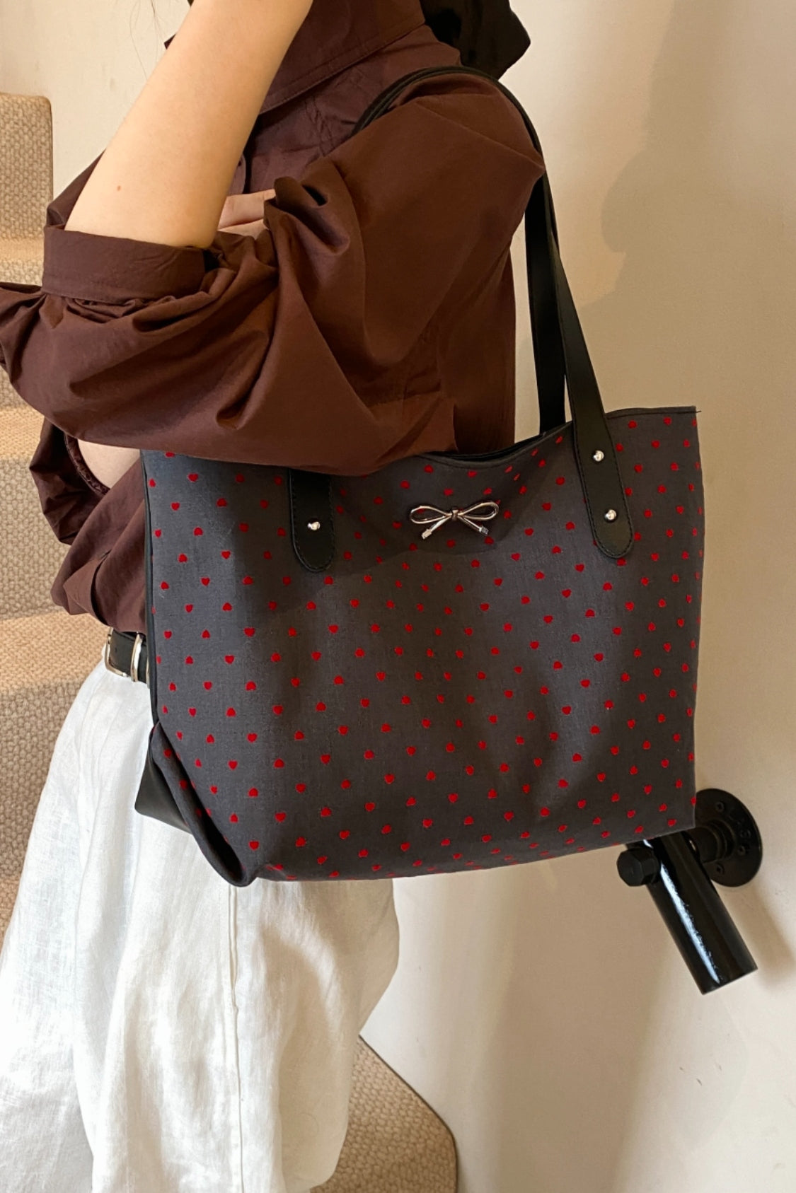 Polyester Strik Polka Dot Tote Bag