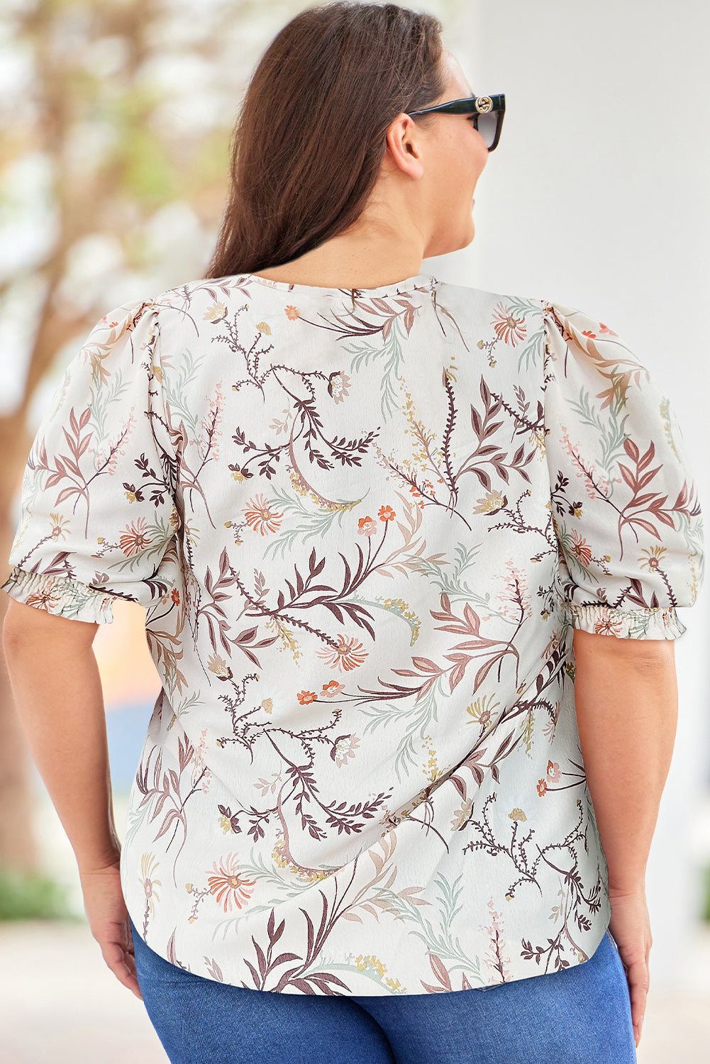 Plus Size Top mit Fuffärmeln und Blumenmuster