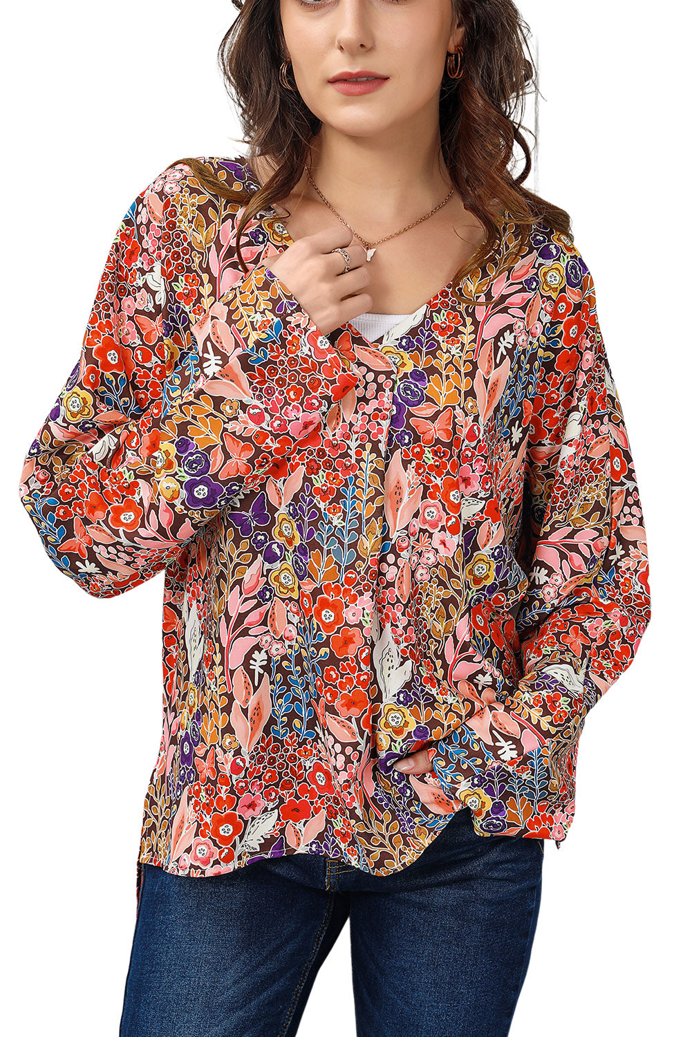 Blouse met lange mouwen en V-hals en bloemenmotief