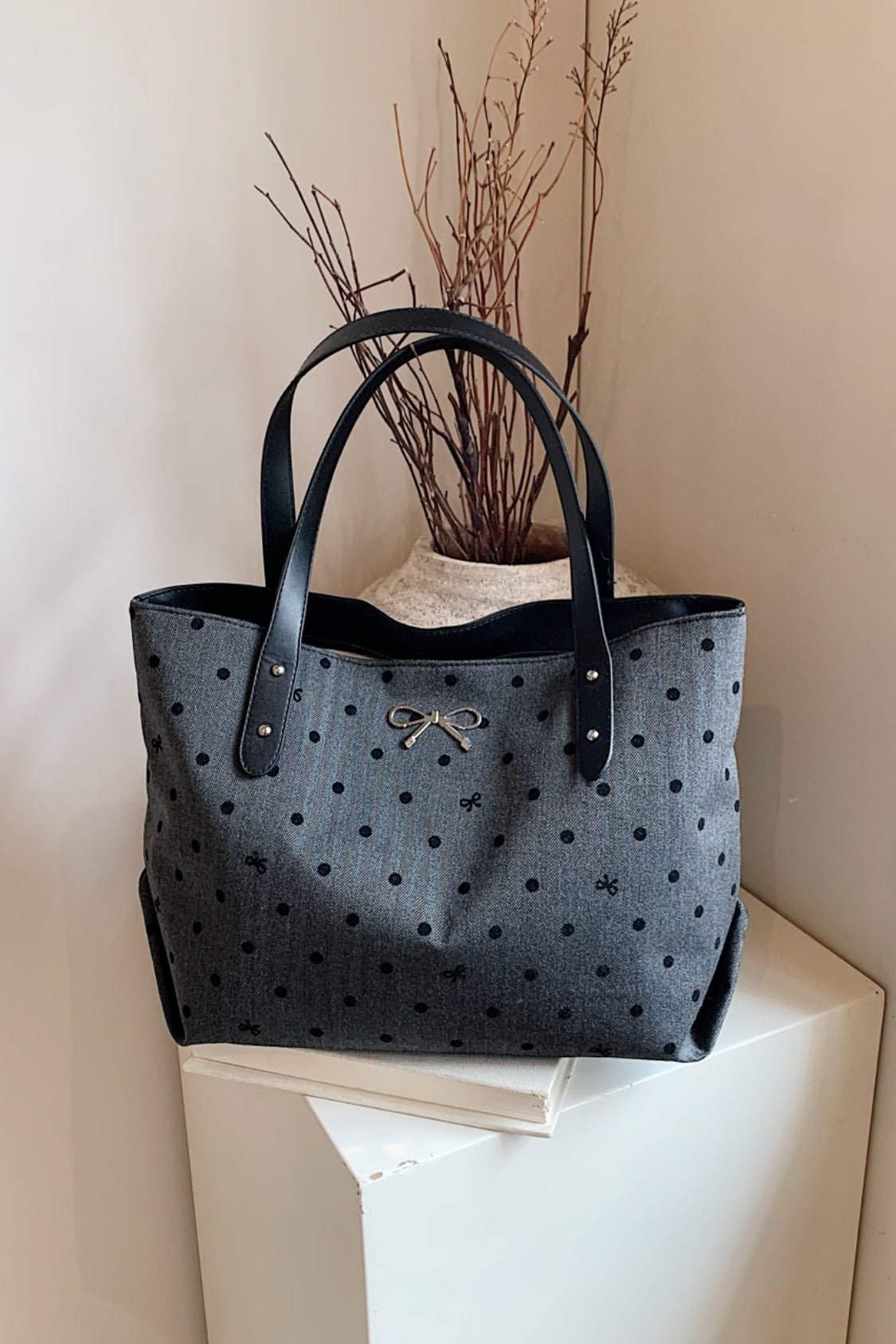 Polyester Strik Polka Dot Tote Bag