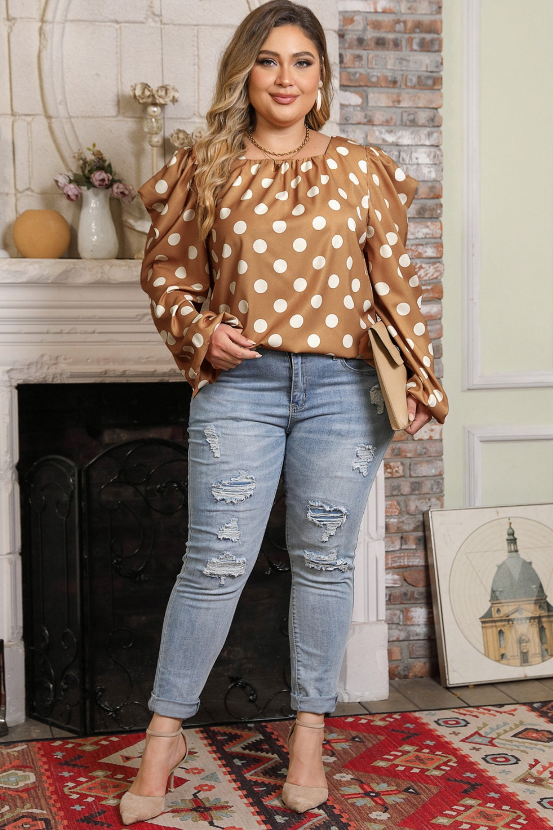 Plus Size Blouse met Lange Mouwen en Polka Dots