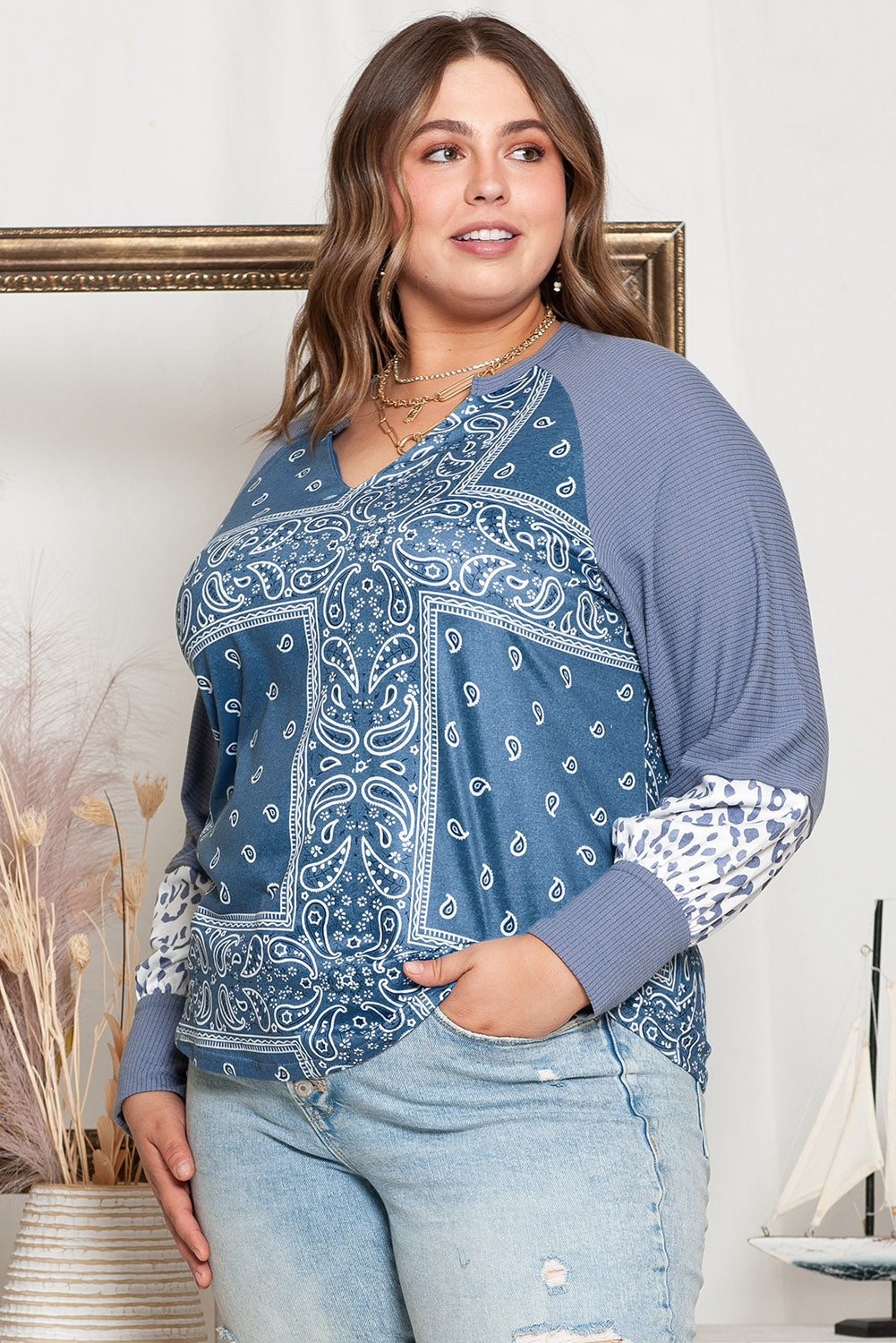 Plus Size V-hals Bedrukte Raglanmouwen Blouse