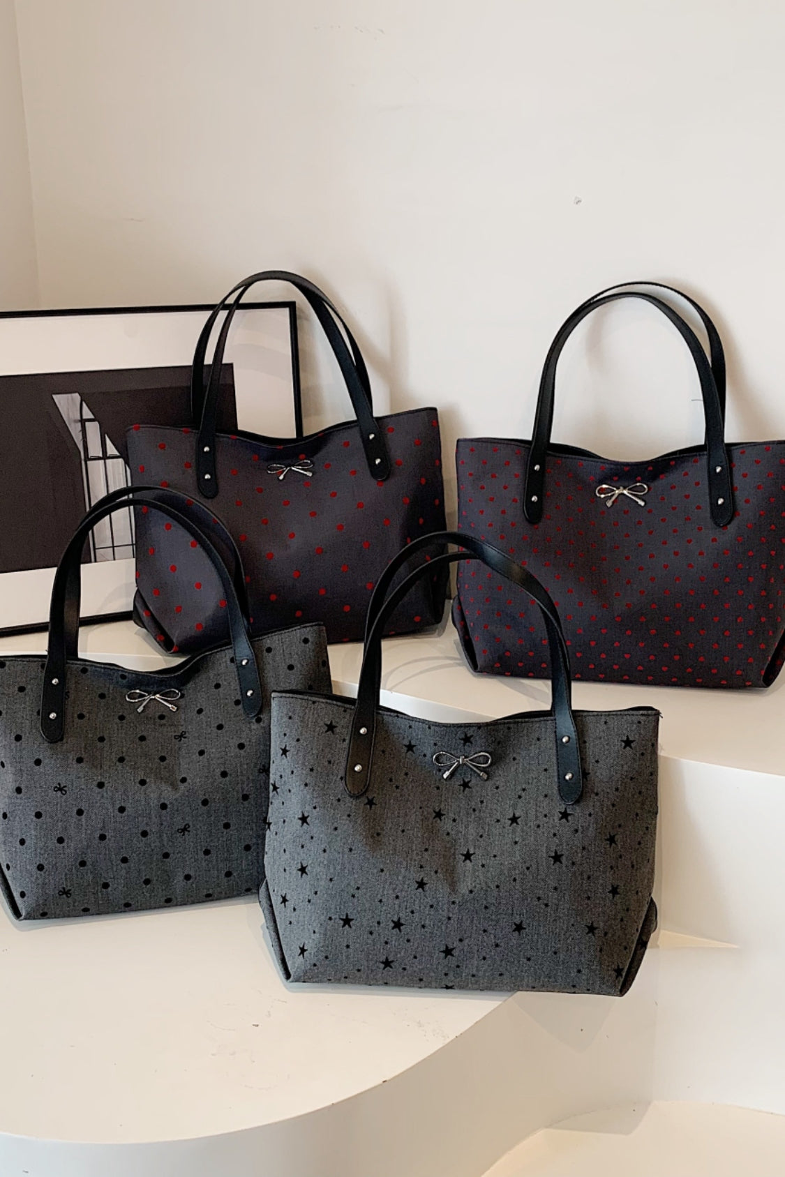 Polyester Strik Polka Dot Tote Bag