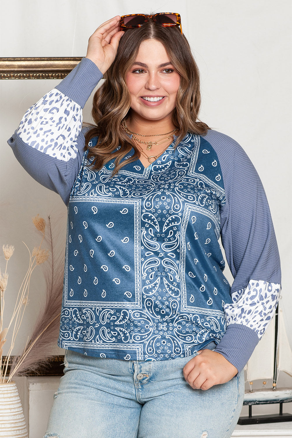 Plus Size V-hals Bedrukte Raglanmouwen Blouse